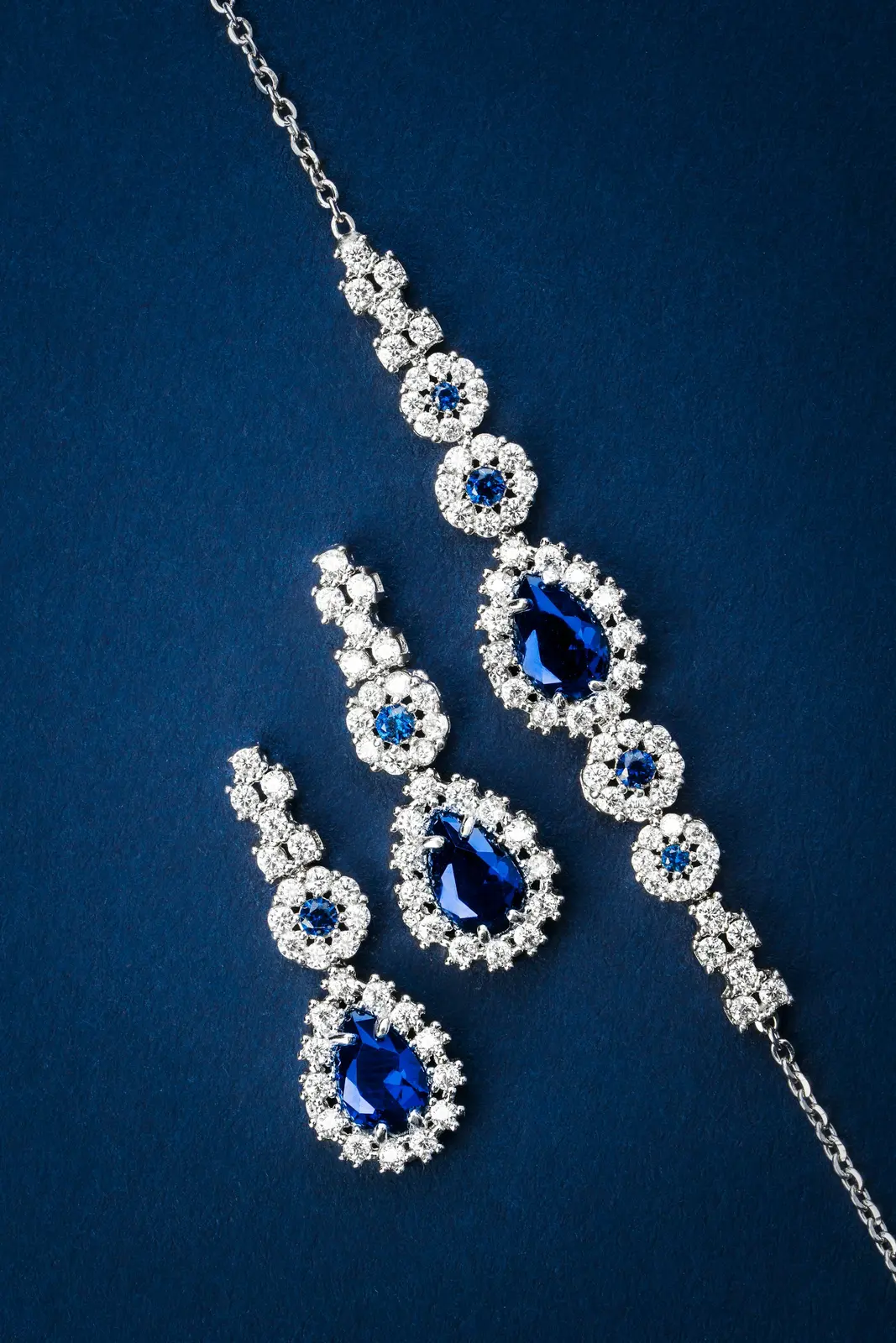 Blue gemstone jewelry shown in close detail